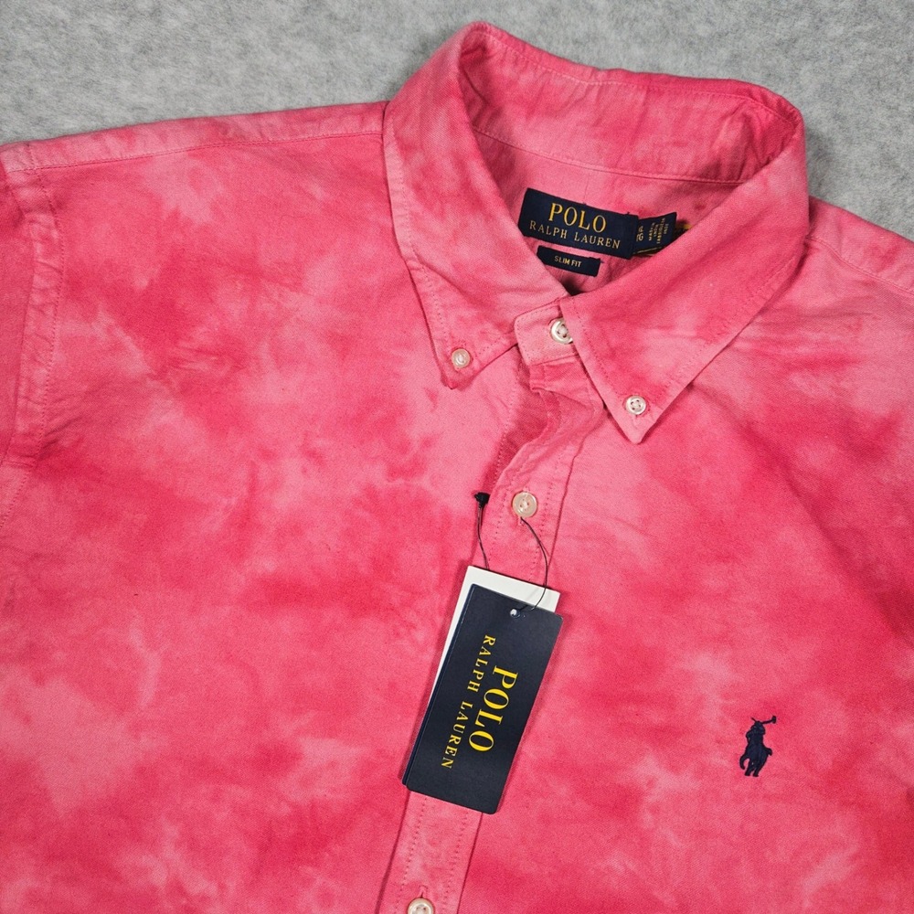 Polo Ralph Lauren Mens XL Red Tie Dye Short Sleeve Slim Button Down Oxford Shirt